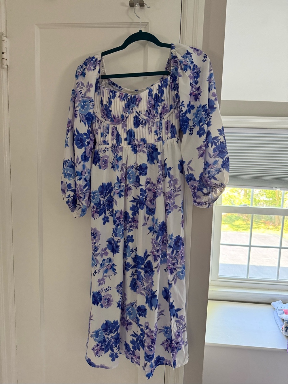 Off the shoulder NWT White and Blue Floral Midi Dress - Women's Smocked Bodice